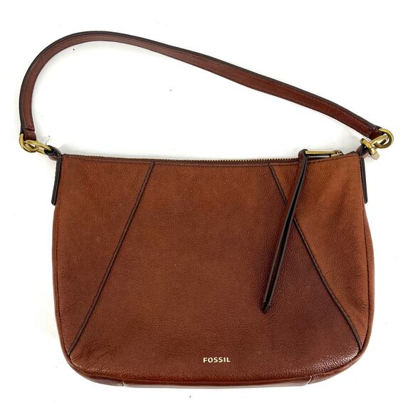Fossil Slim Brown Leather Short Handle Shoulder Bag Purse - Picture 1 of 8